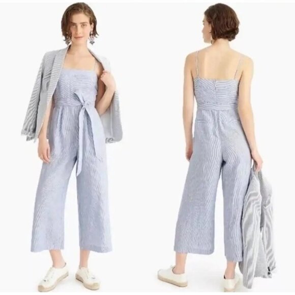 J Crew Women's Jumpsuit Size 0 Spaghetti strap striped beauchamps linen blue - Picture 2 of 16